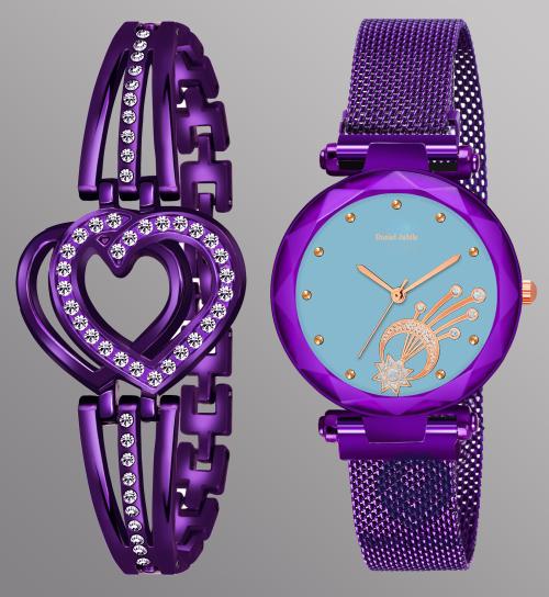 Daniel Jubile Blue Dial 1 Diamond Line Purple With Dil Braclete Purple Studded Analog Watch For Women