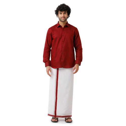 UATHAYAM Varna Maroon Cotton Slim Fit Solid Full Sleeve Shirt and Dhoti Set Combo