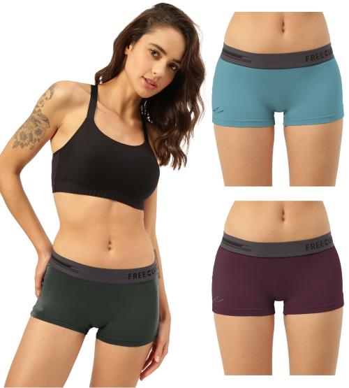 FREECULTR Women's Seaweed Green, Martini Blue, Sangria Wine Solid Modal Boyshorts
