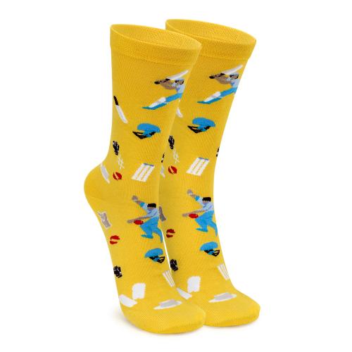 Mills Brown Cricket Printed Multicolored Men's Cotton Socks, Crew Length Colorful Funky Boys Socks Free Size UK 6-10_Yellow Color