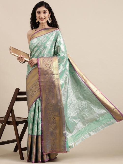 PANZORA Women Green Woven Design Silk Blend Banarasi Saree with Unstitched Blouse Piece
