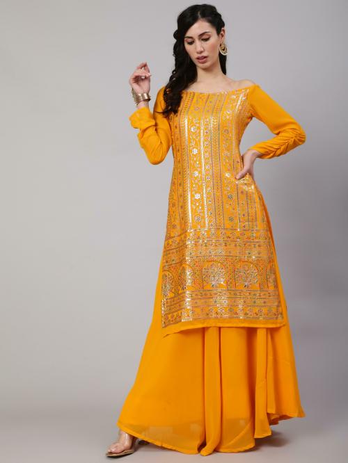 Aks Yellow Sequin Kurta With Flared Skirt