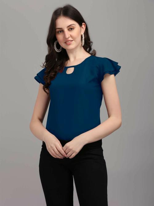 Shivansh Creation Women Dark Blue Solid Georgette Regular Top M