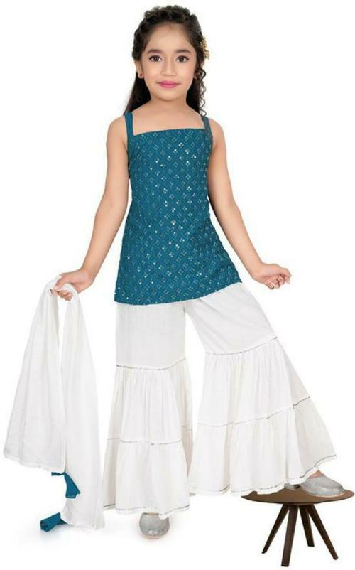AKRAM GARMENT Girls Teal, White Embellished Cotton Lycra Blend Kurta and Pallazo Set (9 to 10 Years)