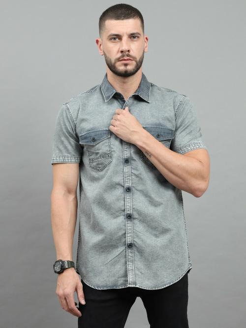 Buy 18+_024_DENIM SHIRT Men's Denim Cutaway Collar Slim Fit Half Sleeve