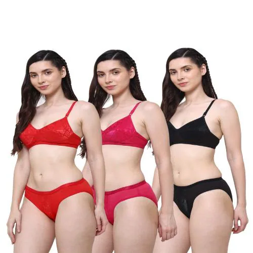 COTTON PLUS Women's Lingerie Set Cotton Net Red, Black And Pink Mid Waist Full Coverage Bra And Panty (Size:-40B Pack of 3)