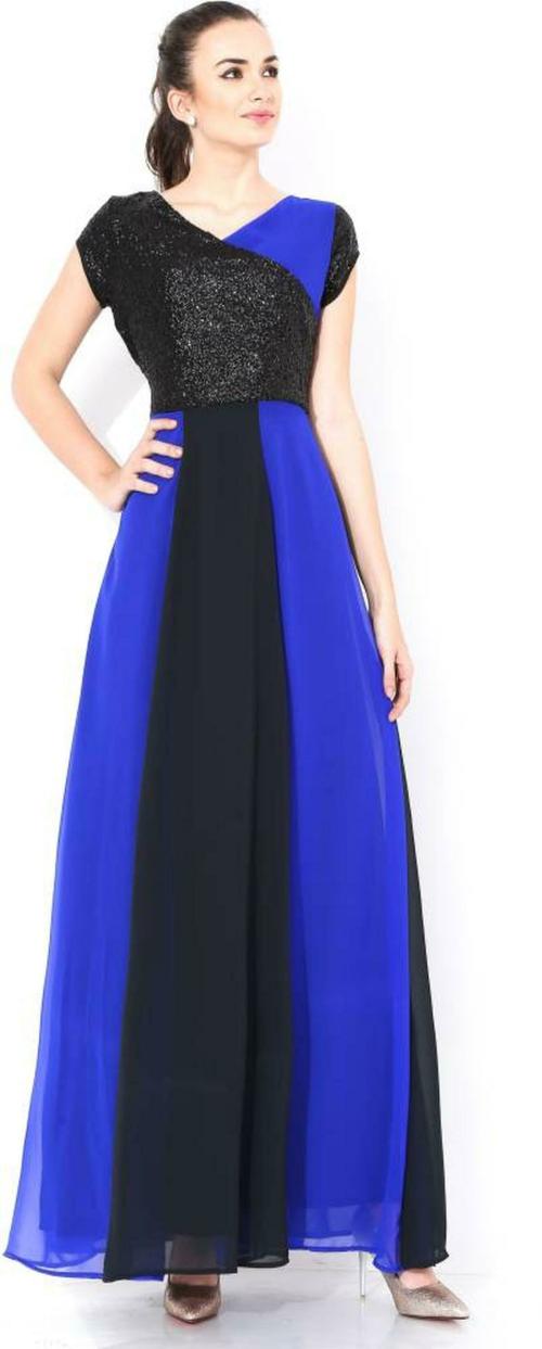 scenestealer Women Blue and Black Solid Poly Georgette Maxi Dress ...