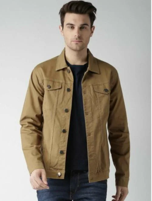 Klizen Men Khaki Solid Cotton Jacket