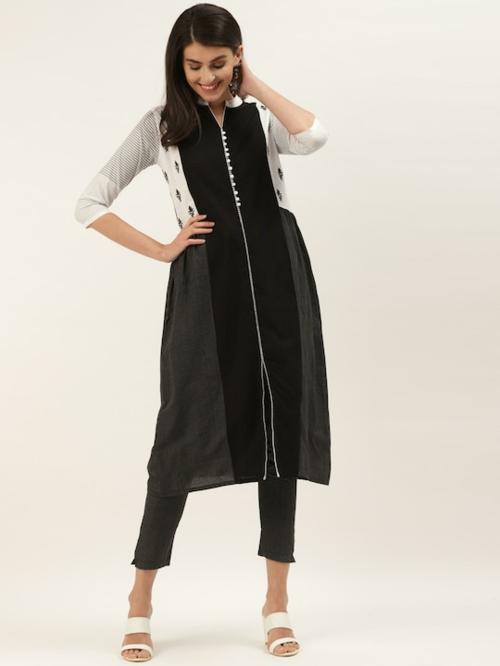 KSUT(House of Varanga) Women Black & White Striped Kurta with Trousers