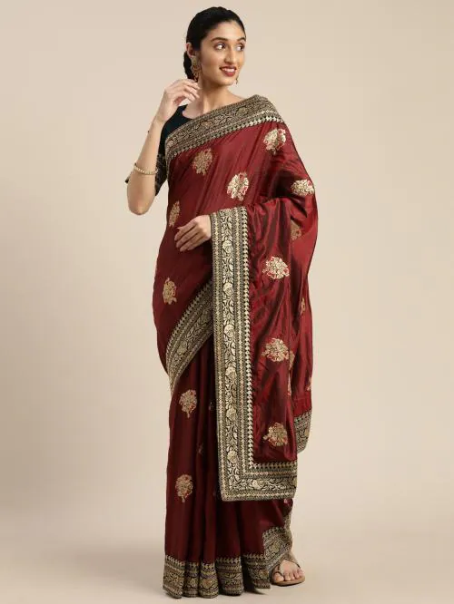 Om Shantam Sarees Maroon Color Embroidered Bollywood Silk Blend, Art Silk Saree