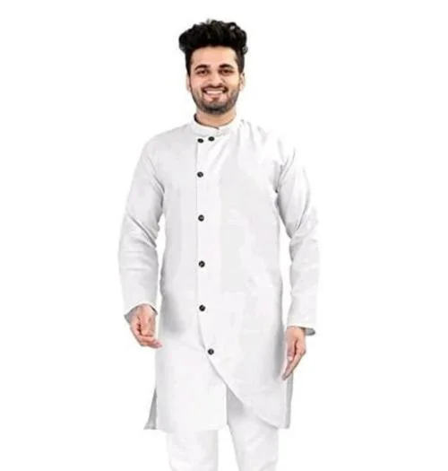 MJBROTHERS Mens Side Button Fancy Cross Pattern and classis Premium Cotton Kurta (Only Kurta)-WHITE-XL