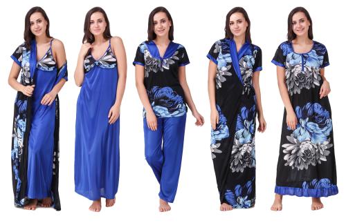 Keoti Women Satin Nighty/Robe/Honeymoon wear set - Pack of 5 (1 Robe, 1 Top, 1 Pyjama, 1 Night Gown & 1 Full Nighty)