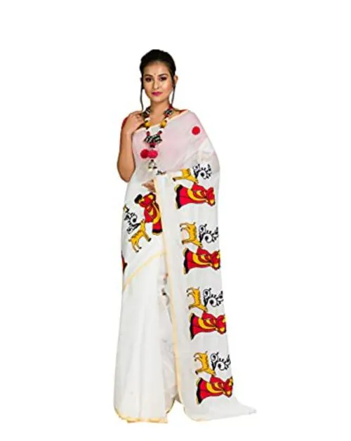 Raj Saree House Women's Traditional Cotton Silk Bengali Handloom Embrodery Saree - With Blouse Piece (White)