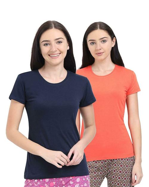 Alphabet Women Hot Coral and Navy Blazer Cotton pack of 2 T-Shirts, L