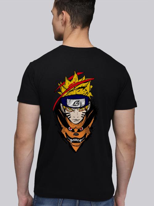 BLISSINK Naruto Anime Front And Back Printed Black Cotton Tshirt for Men