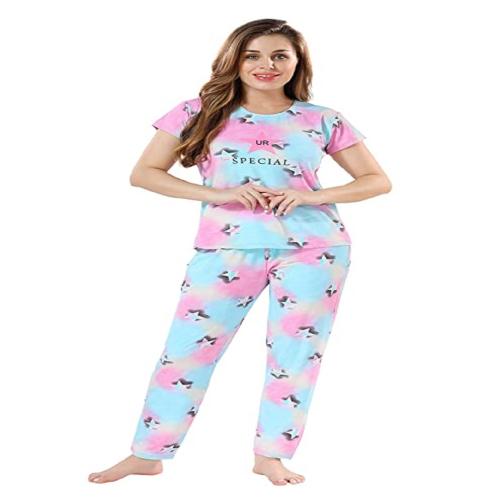NIGHTVIEW Night Suit Set for Women Cotton Lycra, Night Dress, Lounge Wear (Pink & Blue)