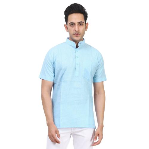 Kundan Men's Cotton Linen Pattern Sea Blue Short Kurta