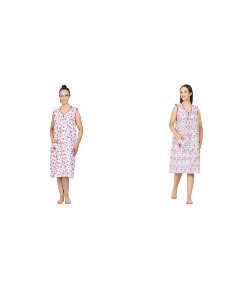 Breezly Woman's Long Short Calf Length Cotton Nighty For Women l Combo l Comfortable l Pink l Pack Of 2