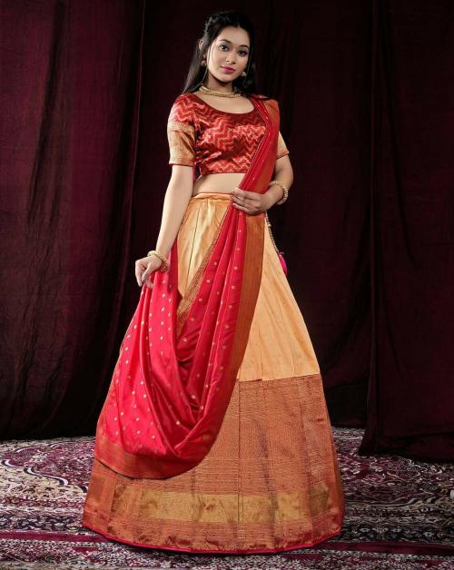 HALFSAREE STUDIO Peach Banarasi silk Pattu Lehenga with Zari Woven
