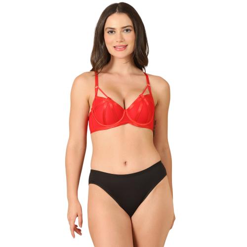 PrettyCat Women Red Underwire Lightly Padded Bra Panty Lingerie Sets