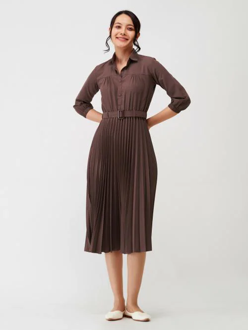 AASK Polyester Chocolate Brown Color Pleated Collered Dress With Belt| Dress for women| Party Dress| Dresses| Stylish Dress| | New Collection
