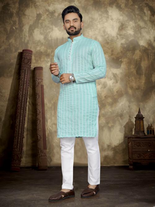 Well Tex Men Blue Striped Linen Kurta And Pyjama Set (Xxl)