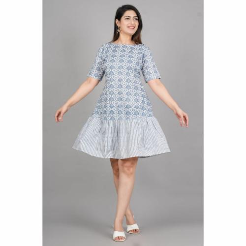 PE FASHION Women's Half Sleeves Ethnic Flared Dress Floral Print Traditional Fit and Flare Design for Festive and Casual Wear | Lite Grey | Size-XL