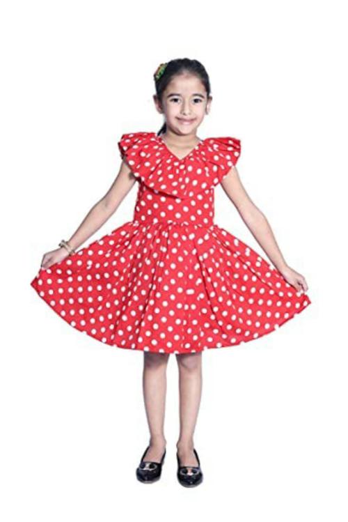 Wish Littlle Girls Red Polyester Polka Dots Knee Length Short Frock Dress - 10 Y