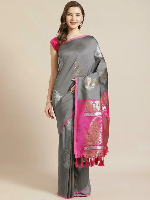 VASTRANAND Women Grey Silk Blend Woven Design Saree