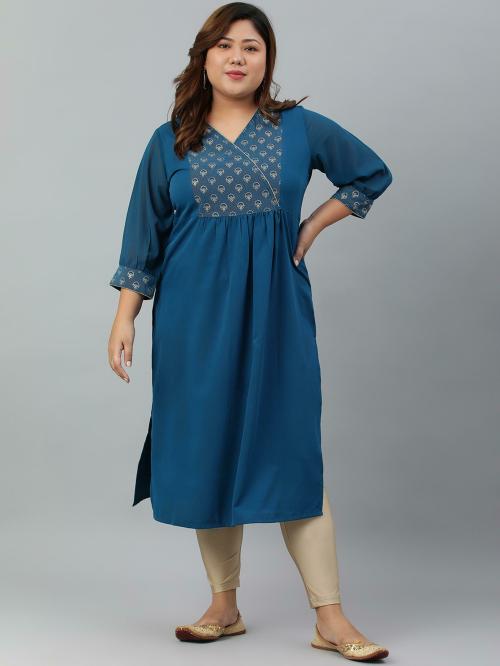 XL LOVE by Janasya Women's Plus Size Teal Poly Crepe Solid Straight kurta