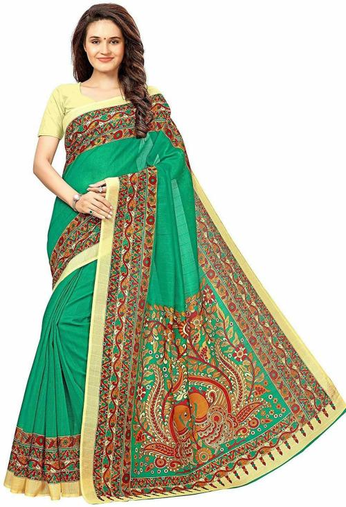 Harpita Women Green Animal Print Silk Blend Daily Wear Saree