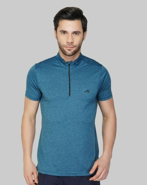 VECTOR X Men Blue Solid Polyester Mandarin CollarT-shirt