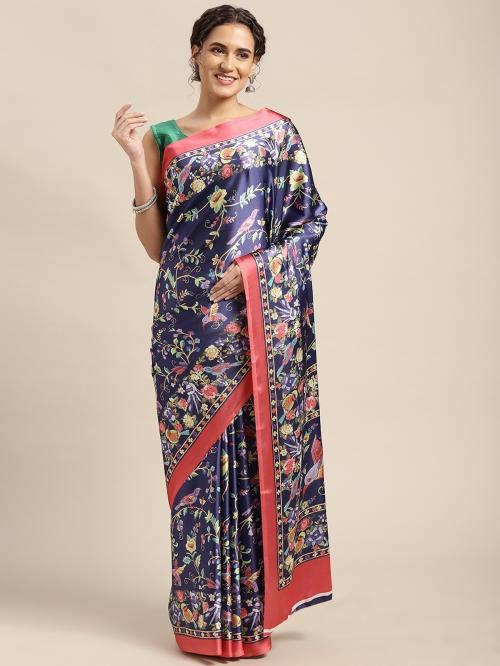 Rekha Maniyar Women Satin Crape Dark Blue Color Digital Floral& Graphic Printed Saree
