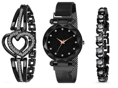 KIARVI GALLERY Analogue Black 12 Diamond Dial Magnet Watch with 2 Bracelet Gift for Women or Girls and Watch for Girl or Women (Combo of 3)