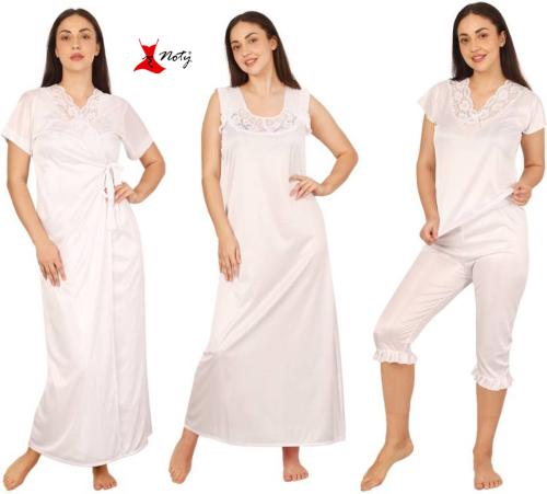 Noty Women's- Nightwear Set- Nighty/Robe/Top/Capri- Satin Fabric- 4 Pc Capri (Pearl White, Free Size)