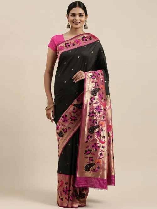 PANZORA Women Black and Pink Woven Cotton Silk Paithani Saree with Unstiched Blouse