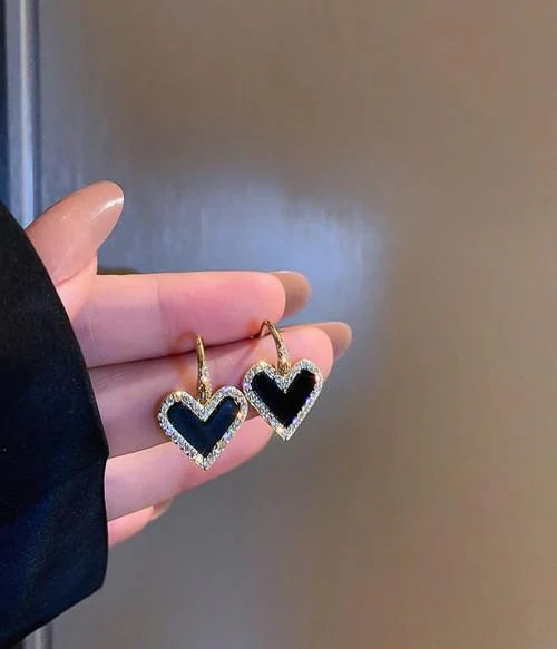 DESTINY JEWEL'S Gold Plated Korean Style Classic Black Heart With Zircon Decor Earrings Cubic Zirconia Alloy Drops & Danglers, Hoop Earring, Stud Earring