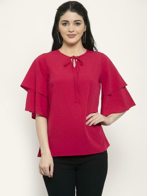 Pluss Women Red Solid Polyester Casual Regular Sleeve Top