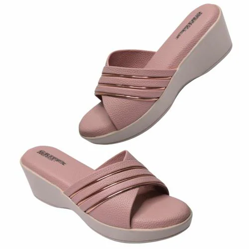 Stepee Onion pink Confort Wedge Slipper Slip on Slider Sandal Open Toe Soft Padding Wedge Heel Slippers for Women