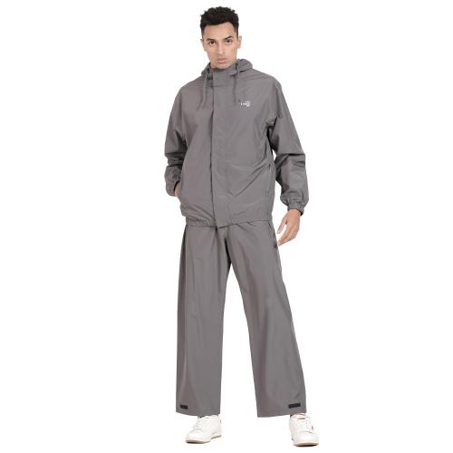 t-base Steel Grey Nylon Ribstop Solid Full Sleeve Waterproof Rainwear Jacket and Pant Set For Men