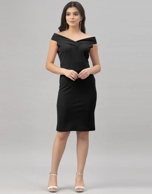 SELVIA Lycra Solid Regular Fir Black Women Dresses