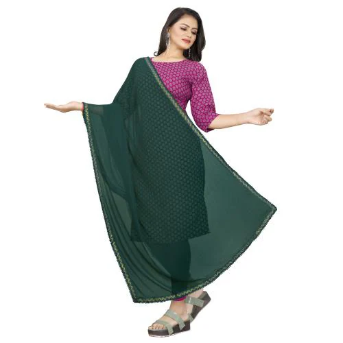 EBADAT Women's Chiffon Dupatta with Border Lace,Green Printed Work Dupatta, Chunni, Dupatta for Women & Girls (Dark Green)