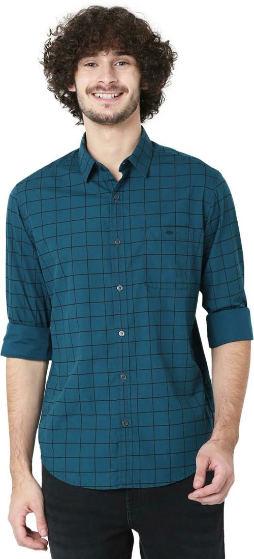 Mufti Teal Grid Check Peach Finished Shirt