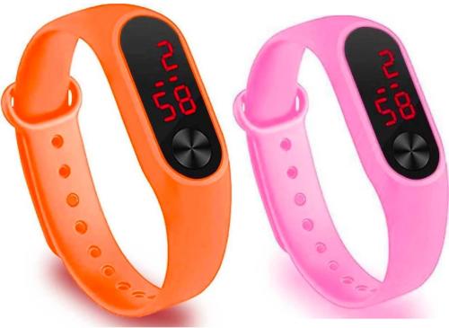 Noman Digital Black Dial Pink Strap Watch For Boys And Girls (Pack Of 2)