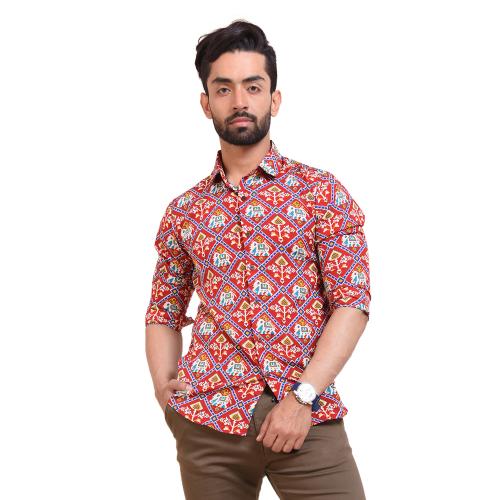 Tistabene Moroccan Escape Elephant Print Red Slim Fit Shirt