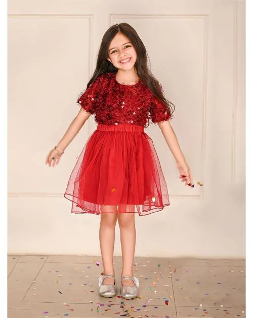 Lilpicks Girls Sequin Top with Flared Net Skirt Set