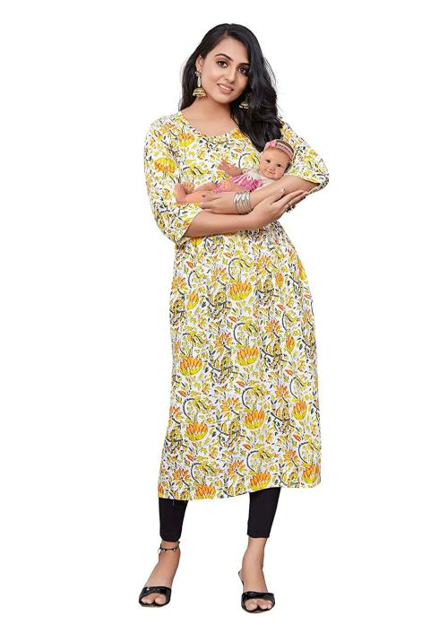 GRANTHAM Women Yellow, Multicolor Printed Viscose Straight Maternity Kurta (M)