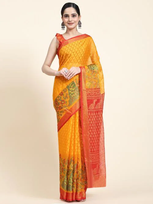 Rujave Women Gold Digital Print Brasso Daily Wear Saree