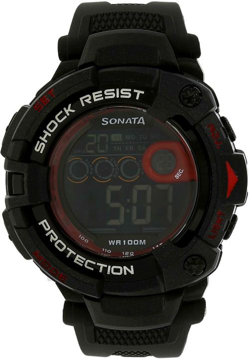 Sonata Free Size Black Dial Black Strap Digital Watch For Men - (77010PP02)