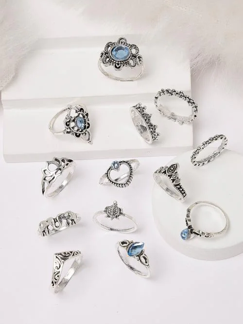 Scintillare by Sukkhi Sparkling Rhodium Plated Silver Oxidised Midi Finger Rings Set of 13 for Women & Girls | Boho Midi Stackable Knuckle Rings|CBR106811